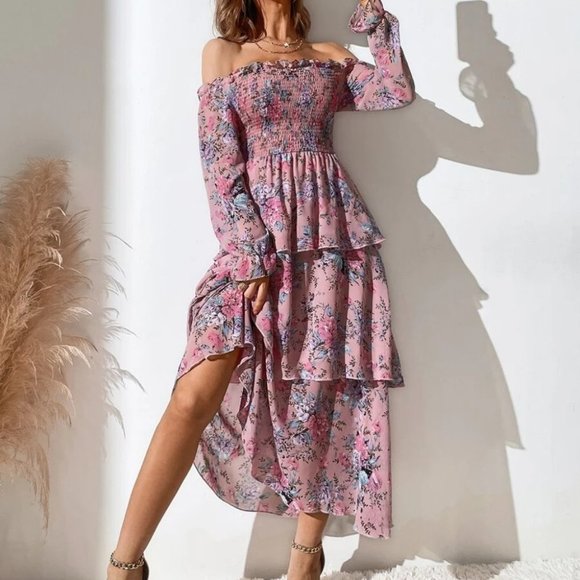 Shirred Layered Hem Floral Printed  Off The Shoulder Dress Dusty Pink - Picture 5 of 7